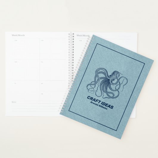 Lichtblauw faux linnen & blauwe octopus planner (Display)