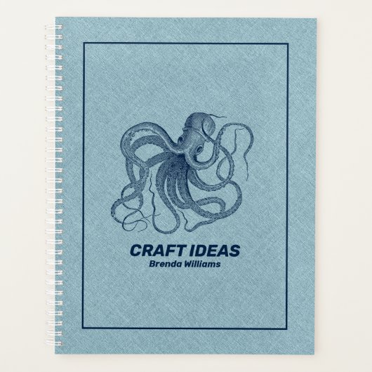 Lichtblauw faux linnen & blauwe octopus planner (Voorkant)