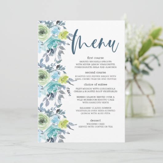 Lichtblauw Geel Groen Bloemen Bruiloft Menu (Staand voorkant)