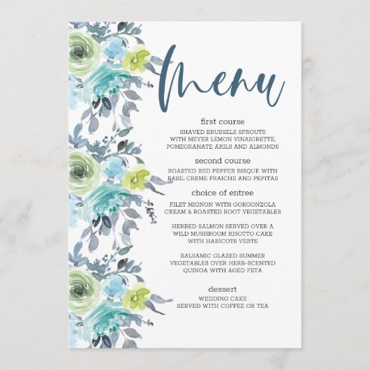 Lichtblauw Geel Groen Bloemen Bruiloft Menu (Voorkant)
