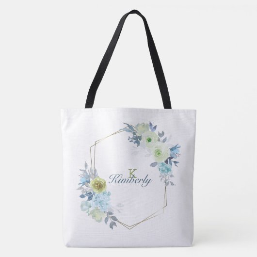 Lichtblauw Geel Groen Bloemmotief Initiaal Monogra Tote Bag (Voorkant)