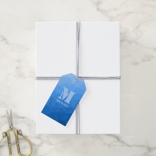 Lichtblauw geometrisch mesh patroon Monogram Cadeaulabel (Met Touw)