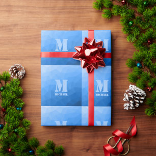 Lichtblauw geometrisch meshpatroon Monogram Cadeaupapier