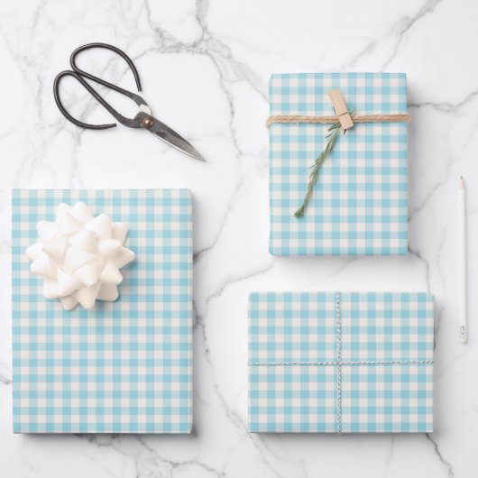 Lichtblauw geruit katoen baby shower inpakpapier vel (Voorkant)