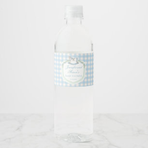 Lichtblauw geruit paard crest baby jongensfeest waterfles etiket