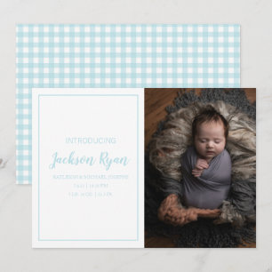 Lichtblauw Gingham Controleer patroon Foto Geboort Aankondiging