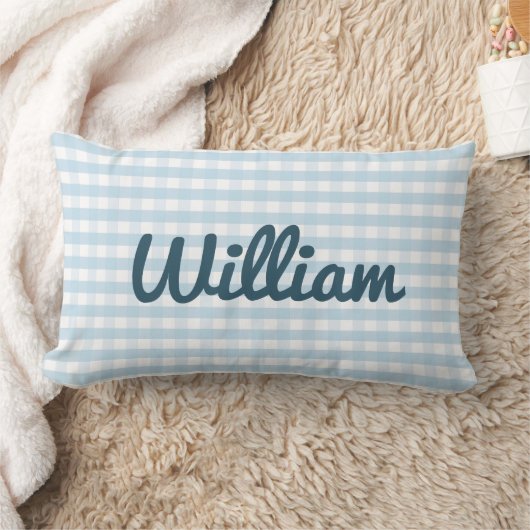 Lichtblauw Gingham Nursery Kussen met Naam (Deken)