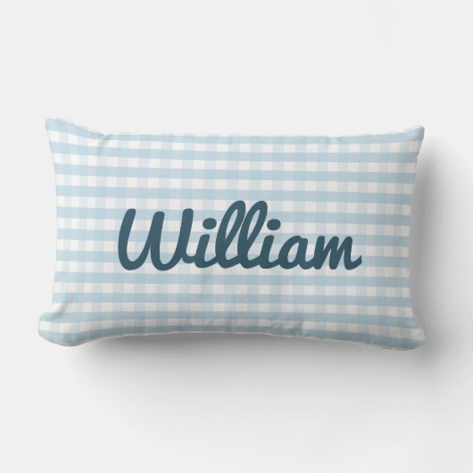 Lichtblauw Gingham Nursery Kussen met Naam (Voorkant)