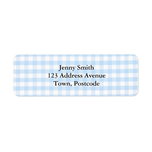Lichtblauw gingham-patroon etiket (Voorkant)