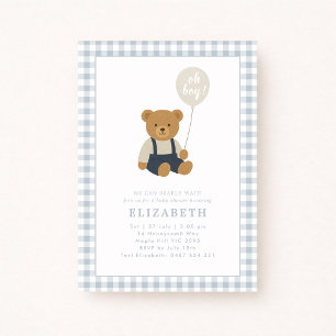 Lichtblauw Gingham teddybeer Baby shower Kaart