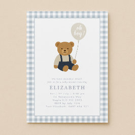Lichtblauw Gingham teddybeer Baby shower Kaart