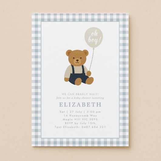 Lichtblauw Gingham teddybeer Baby shower Kaart