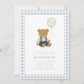 Lichtblauw Gingham teddybeer Baby shower Kaart (Voorkant)