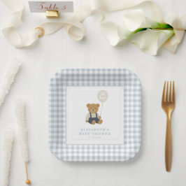 Lichtblauw Gingham teddybeer Baby shower Papieren Bordje