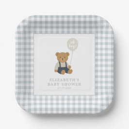 Lichtblauw Gingham teddybeer Baby shower Papieren Bordje
