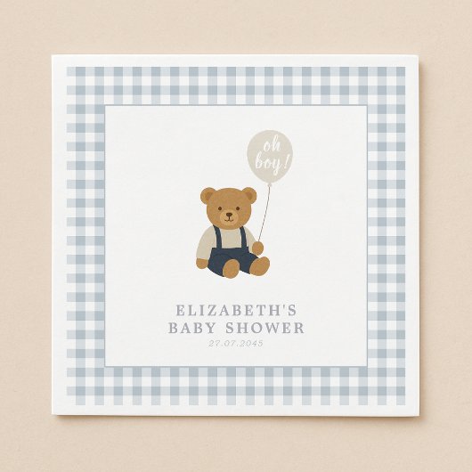 Lichtblauw Gingham teddybeer Baby shower Servet