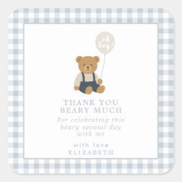 Lichtblauw Gingham teddybeer Baby shower Vierkante Sticker