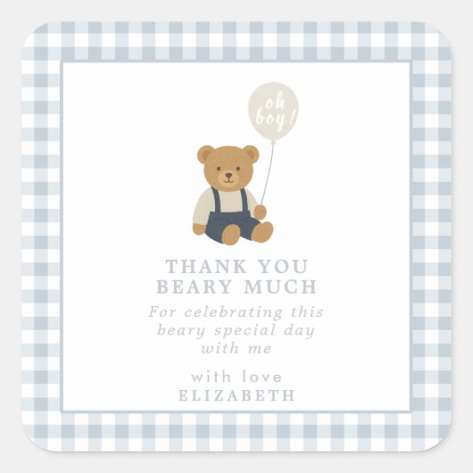 Lichtblauw Gingham teddybeer Baby shower Vierkante Sticker (Voorkant)
