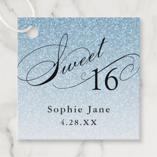 Lichtblauw Glam Glitter Sweet 16 gepersonaliseerd Bedankjes Labels (Voorkant)