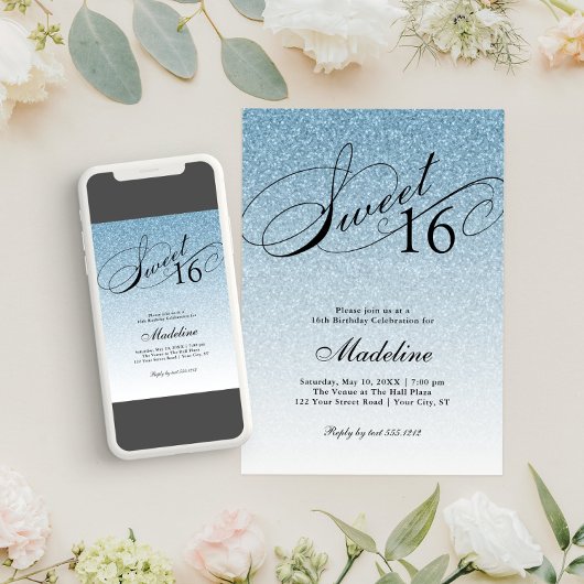 Lichtblauw Glam Glitter Sweet 16 Kaart