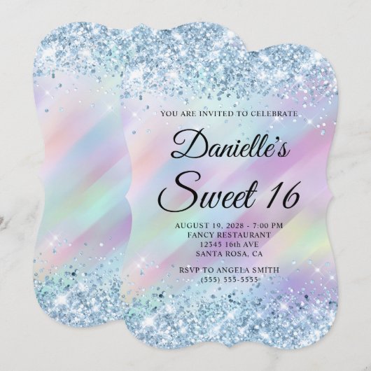 Lichtblauw Glitter Aqua Paarse Holograaf Sweet 16 Kaart (Voorkant / Achterkant)