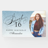 Lichtblauw Glitter Sweet 16 gepersonaliseerde foto Spandoek (Horizontaal)