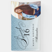 Lichtblauw Glitter Sweet 16 gepersonaliseerde foto Spandoek (Verticaal)