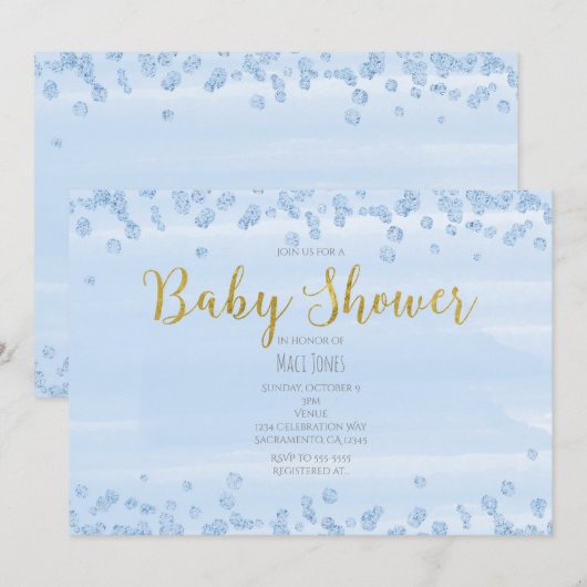 Lichtblauw & Goud Baby Douche Uitnodigingen (Voorkant / Achterkant)