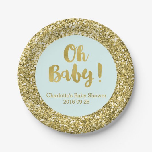 Lichtblauw Goud Glitter Oh Baby Baby shower Bord (Voorkant)