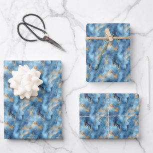 Lichtblauw & Goud Marmer Inpakpapier Vel