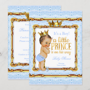 Lichtblauw Goud Wit Prins Baby Shower Bruinharig Kaart