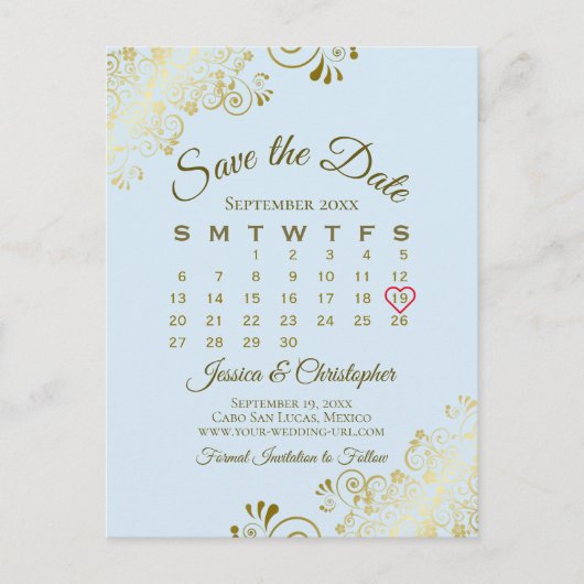 Lichtblauw & Gouden Bruiloft Sla de Datumkalender Aankondigingskaart (Voorkant)