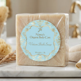 Lichtblauw & gouden folie damast cosmetica label 3