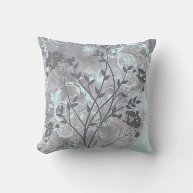 Lichtblauw grijs bloemenwervelkussen designer kussen (Voorkant)