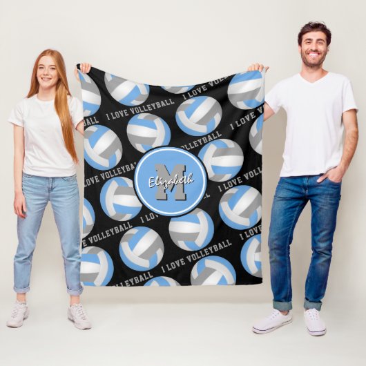 lichtblauw grijs Ik hou van volleybaltekstpatroon Fleece Deken (In situ)