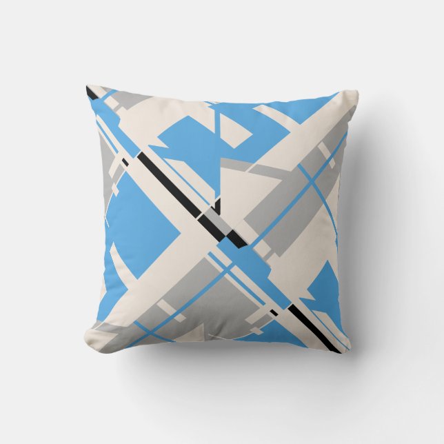 Lichtblauw Grijs Zwart Beige Diagonaal Abstract Kussen (Voorkant)