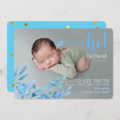 Lichtblauw "Hallo" met bladeren geboorteaankondigi Aankondiging (Voorkant / Achterkant)