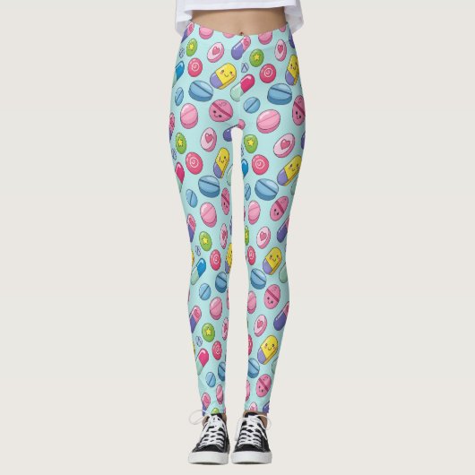 Lichtblauw Happy Pill Pattern Leggings (Voorkant)