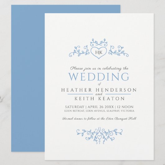 Lichtblauw hartmonogram met bladlijnkunst voor de  kaart (Voorkant / Achterkant)