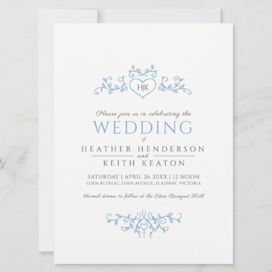 Lichtblauw hartmonogram met bladlijnkunst voor de  kaart (Voorkant)