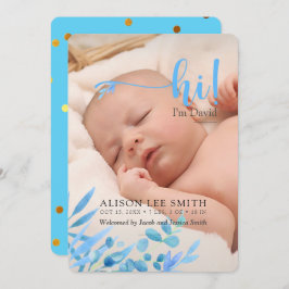 Lichtblauw "Hi" met bladeren geboorte Aankondiging