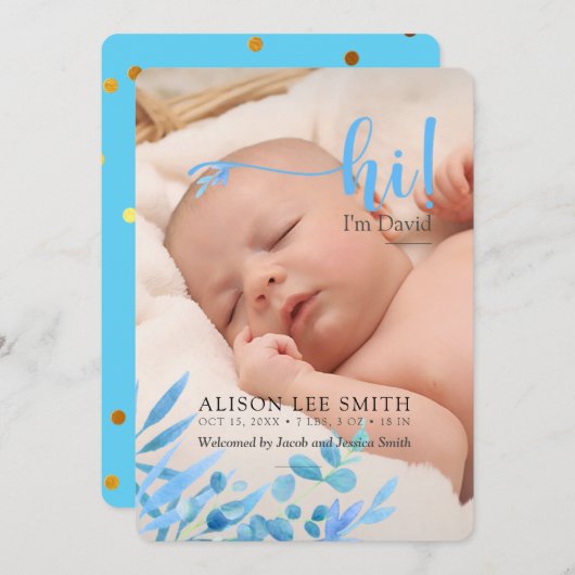 Lichtblauw "Hi" met bladeren geboorte Aankondiging (Voorkant / Achterkant)