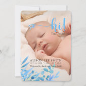 Lichtblauw "Hi" met bladeren geboorte Aankondiging (Voorkant)