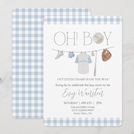 lichtblauw honkbal Oh, jongen baby shower uitnodig Kaart (Voorkant / Achterkant)
