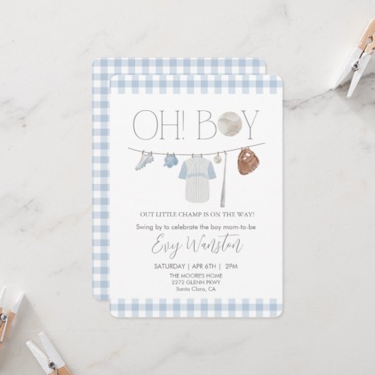 lichtblauw honkbal Oh, jongen baby shower uitnodig Kaart (Voorkant / Achterkant in situ)