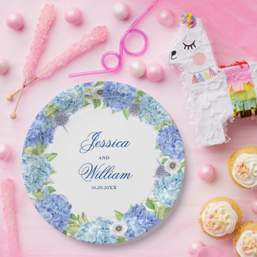 Lichtblauw Hydrangeas Bloemen Bruiloft Papieren Bordje (Feest)