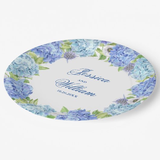 Lichtblauw Hydrangeas Bloemen Bruiloft Papieren Bordje (Gekanteld)