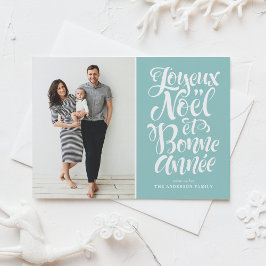 Lichtblauw Joyeux Noël et Bonne Année Script Foto Feestdagenkaart