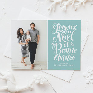 Lichtblauw Joyeux Noël et Bonne Année Script Foto Feestdagenkaart