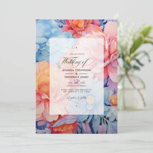 Lichtblauw, koraal en perzik bruiloft kaart (Staand voorkant)